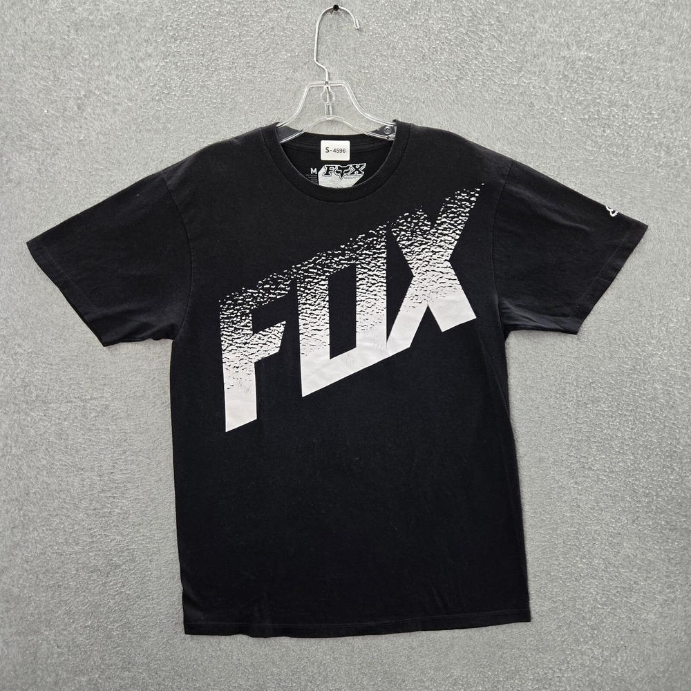 Fox‎ Men Shirt Medium Black Big Graphic White Crew Neck Short Sleeve